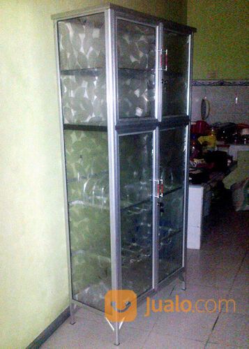 Rak Piring Aluminium 4 Pintu Frame Putih Kaca Es 75-165