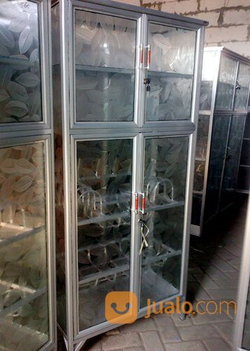 Rak Piring Aluminium 4 Pintu Frame Putih Kaca Es 75-165