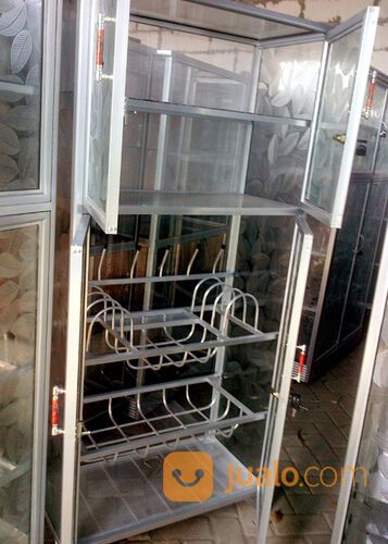 Rak Piring Aluminium 4 Pintu Frame Putih Kaca Es 75-165