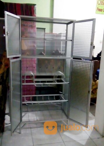Rak Piring Aluminium 4 Pintu Frame Putih Kaca Es 75-165