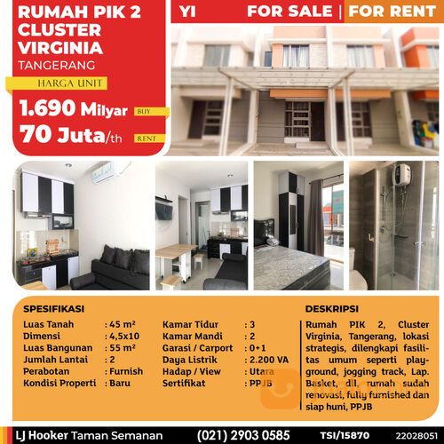 (TSI/15870) Rumah PIK 2, Cluster Virginia, Tangerang, Brand New, 4.5x10 m², 2 Lt, PPJB