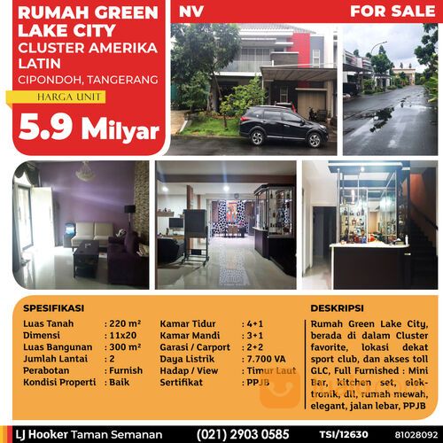 (TSI/12630) Rumah Green Lake City, Cluster Amerika Latin, Tanggerang, 11x20m, 2 Lt, PPJB