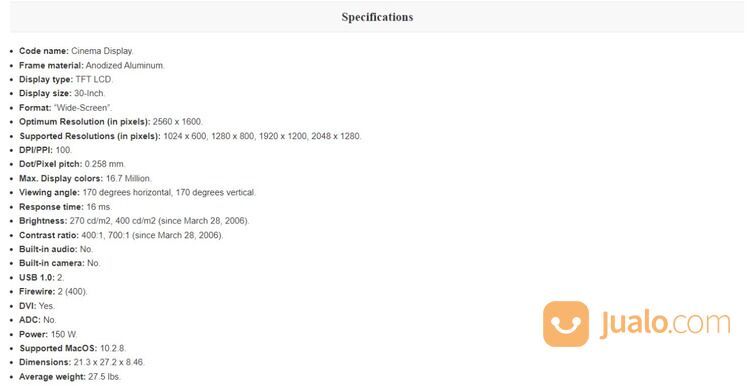 Apple Cinema Display 30-Inch (Aluminum) Specs