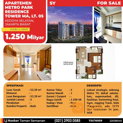 (TSI/15939) Apartemen Metro Park Residence, Tower MA, Kedoya Selatan, 53.39 m², Lt. 05, HGB