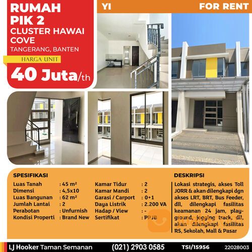 (TSI/15956) Rumah PIK 2, Cluster Hawai Cove, 4.5x10 m², 2 Lt, PPJB