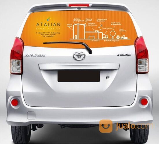 Sticker Branding Oneway Promosi Kaca Belakang Mobil Xenia Avanza Desain Bebas