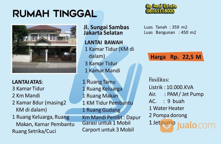 Rumah 22.5 M nego Carport bs 3 mobil Jl. Sungai Sambas Kebayoran Baru Jaksel