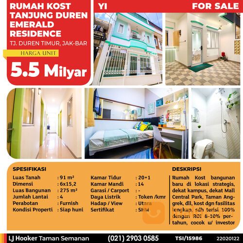 (TSI/15986) Rumah Kost Tanjung Duren Emerald Residence, Jakarta Barat, 6x15.2 m², 4 Lt, SHM