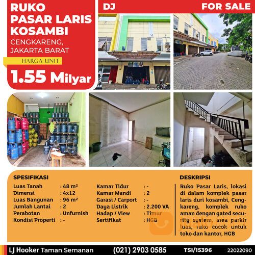 (TSI/15396) Ruko Pasar Laris Kosambi, Cengkareng, 4x12 m², 2 Lt, HGB