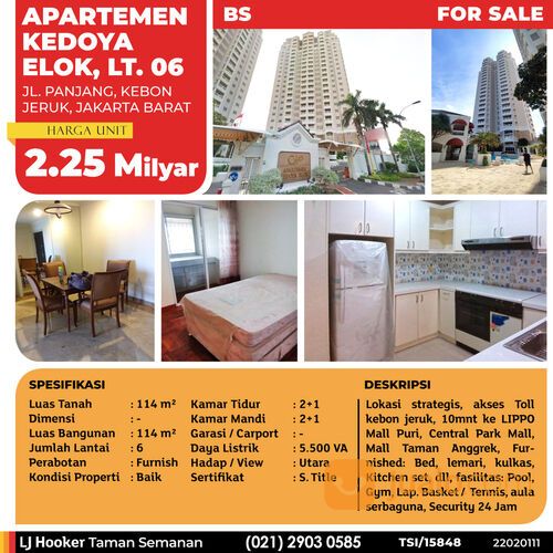 (TSI/15848) Apartemen Kedoya Elok, Kebon Jeruk, 114 m², Lt. 06, Strata Title