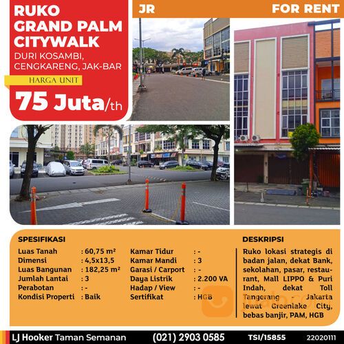 (TSI/15855) Ruko Grand Palm Citywalk, Duri Kosambi, 4.5x13.5 m², 3 Lt, HGB
