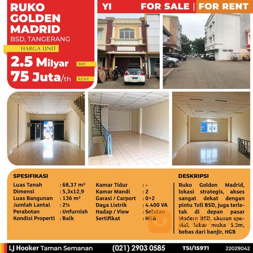 (TSI/15971) Ruko Golden Madrid, BSD, Tangerang, 5.3x12.9 m², 2⅓ Lt, HGB