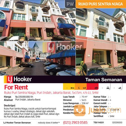 (TSI/14531) Ruko Puri Sentra Niaga, Puri Indah, Jakarta Barat, 5x15m, 4½ Lt, SHM