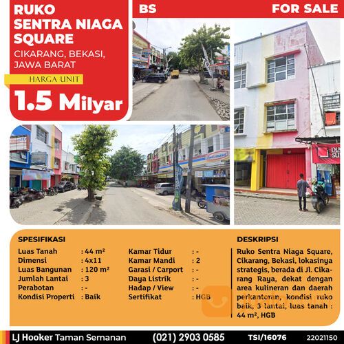 (TSI/16076) Ruko Sentra Niaga Square, Cikarang, 4x11 m², 3 Lt, HGB