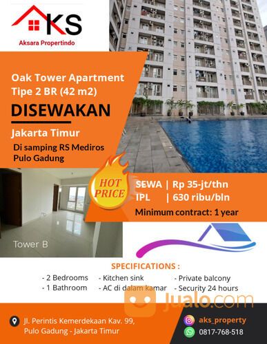 Tower B unit 2 br Apartemen Oak Tower di sebelah RS Mediros unfurnish minimal 6 bulan