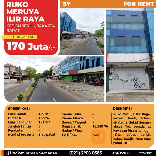 (TSI/15983) Ruko Meruya Ilir Raya, Kebon Jeruk, 4.5x24 m², 3 Lt, HGB