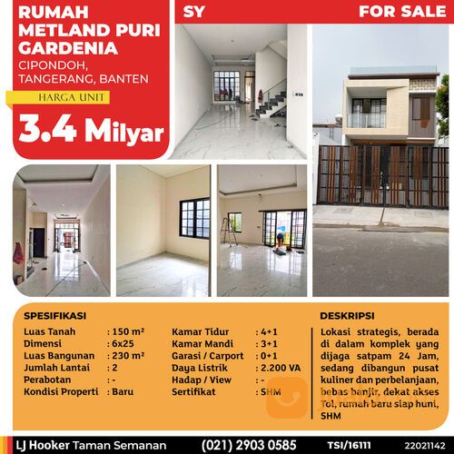 (TSI/16111) Rumah Metland Puri Gardenia, Cipondoh, 6x25 m², 2 Lt, SHM
