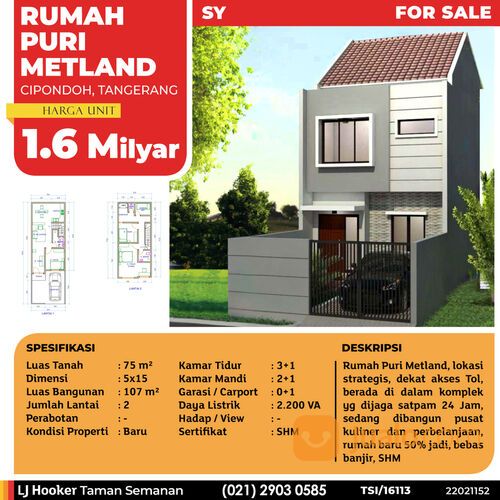 (TSI/16113) Rumah Puri Metland, Cipondoh, 5x15 m², 2 Lt, SHM