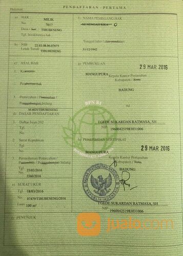 Tanah 2 are, Jl. Batan Celagi Pangkung Palu Padonan Tibubeneng Kuta Utara