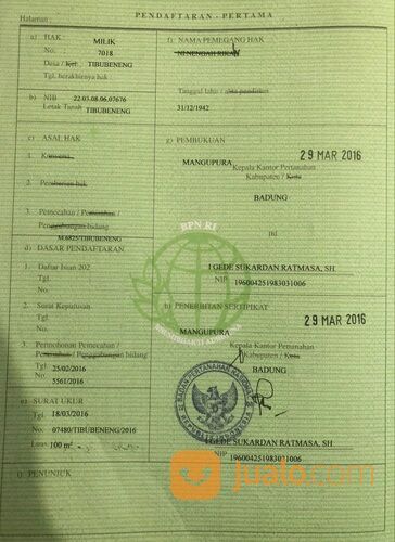 Tanah 2 are, Jl. Batan Celagi Pangkung Palu Padonan Tibubeneng Kuta Utara