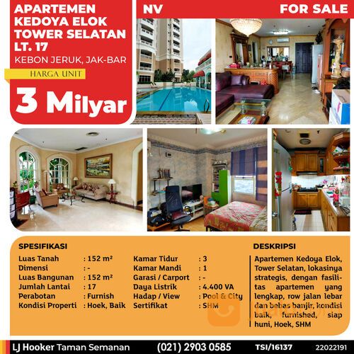 (TSI/16137) Apartemen Kedoya Elok, Tower Selatan, Kebon Jeruk, 152 m², Lt. 17, SHM