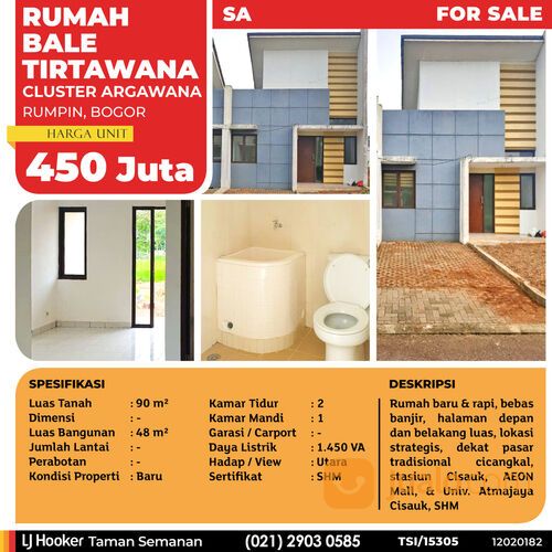 (TSI/15305) Rumah Bale Tirtawana, Cluster Argawana, Rumpin, Bogor, 90 m², SHM