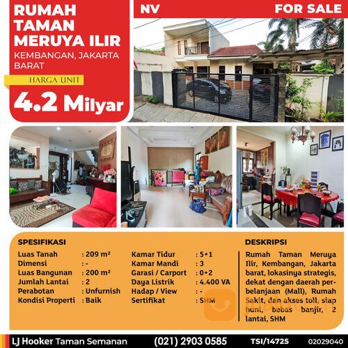 (TSI/14725) Rumah Taman Meruya Ilir, Jakarta Barat, 209 m², 2 Lt, SHM