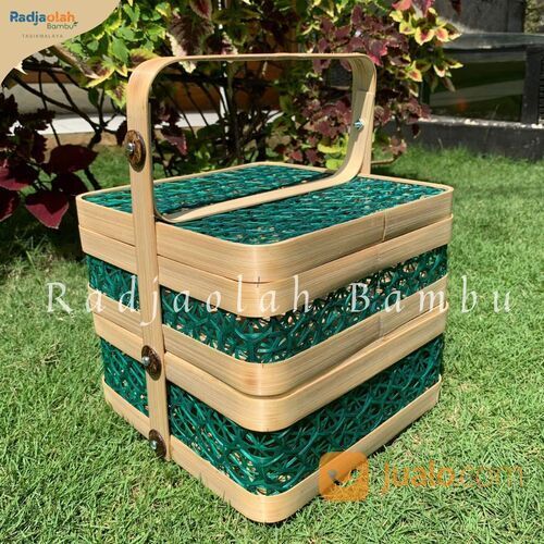 Kotak Bambu Susun Motif Anyaman Laba Hijau Full Sudut Lempeuh/Lengkung
