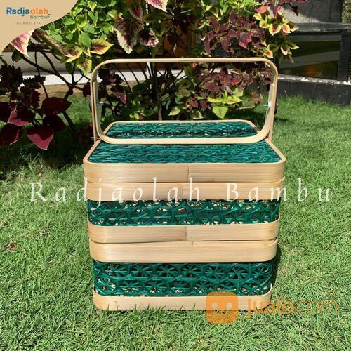 Kotak Bambu Susun Motif Anyaman Laba Hijau Full Sudut Lempeuh/Lengkung