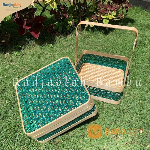 Kotak Bambu Susun Motif Anyaman Laba Hijau Full Sudut Lempeuh/Lengkung