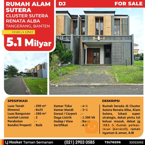 (TSI/16206) Rumah Alam Sutera, Cluster Sutera Renata Alba, Tangerang, 8x25 m², 2 Lt, AJB