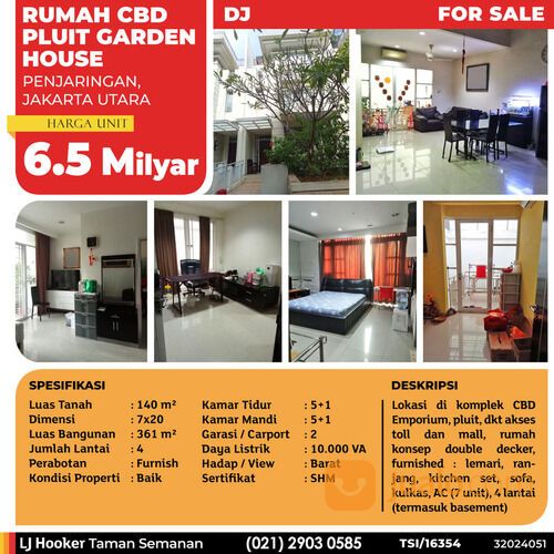 (TSI/16354) Rumah CBD Pluit Garden House, Penjaringan, 7x20 m², 4 Lt, SHM