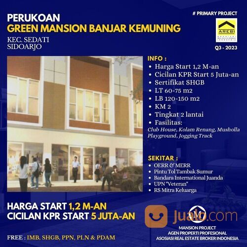 RUMAH TOKO (RUKO) 2 LANTAI FASILITAS LENGKAP LOKASI GREEN MANSION BANJAR KEMUNING SIDOARJO