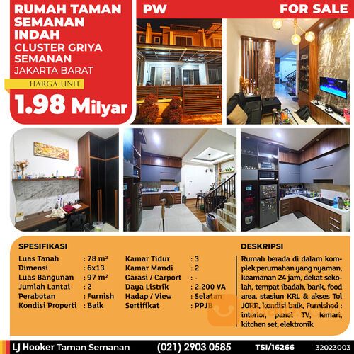Rumah Taman Semanan Indah, Cluster Griya Semanan, 6x13 m², 2 Lt, PPJB (TSI/16266)