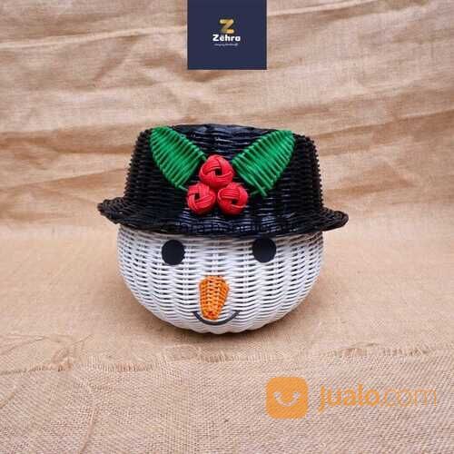 Keranjang Rotan Model Olaf Topi Motif Bunga | Wadah Permen | Aksesoris Natal