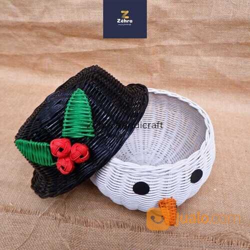Keranjang Rotan Model Olaf Topi Motif Bunga | Wadah Permen | Aksesoris Natal