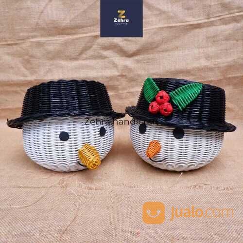 Keranjang Rotan Model Olaf Topi Motif Bunga | Wadah Permen | Aksesoris Natal