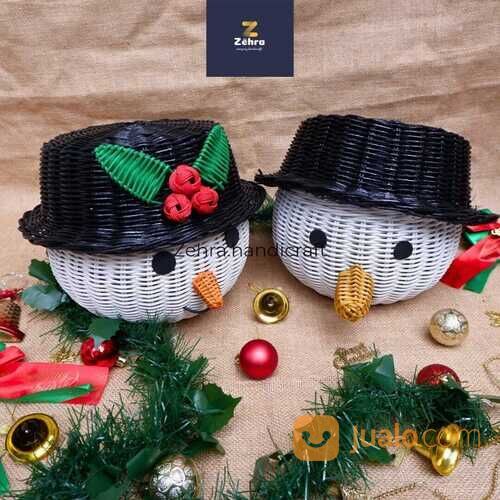 Keranjang Rotan Model Olaf Topi Motif Bunga | Wadah Permen | Aksesoris Natal