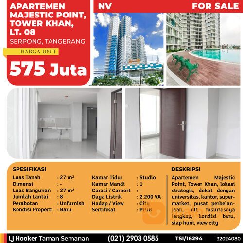 Apartemen Majestic Point, Tower Khan, Serpong, 27 m², Lt. 08, PPJB (TSI/16294)