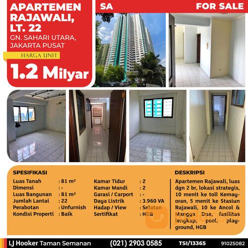 Apartemen Rajawali, Jakarta Pusat, 81 m², Lt. 22, HGB (TSI/13365)