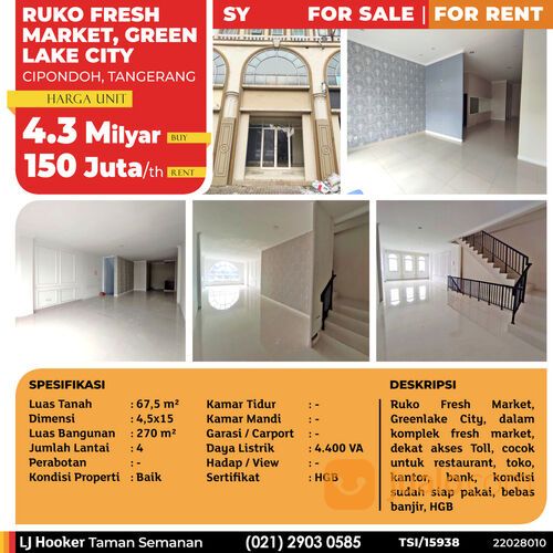 Ruko Fresh Market, Greenlake City, Cipondoh, 4.5x15 m², 4 Lt, HGB (TSI/15938)