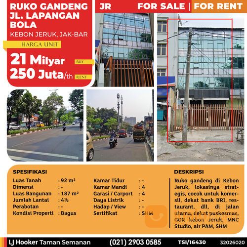 Ruko Gandeng Jl. Lapangan Bola, Kb. Jeruk, 92 m², 4½ Lt, SHM (TSI/16430)