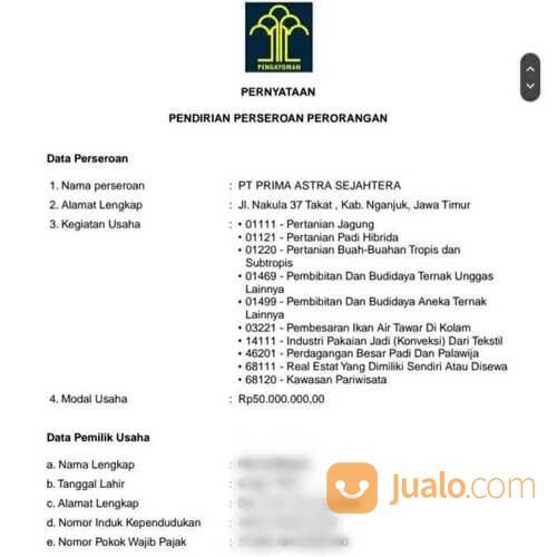 Jasa Pembuatan PT Perorangan Merangin 08127960316