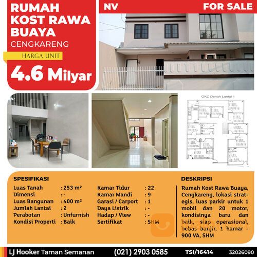 Rumah Kost Rawa Buaya, Cengkareng, 253 m², 2 Lt, SHM (TSI/16414)