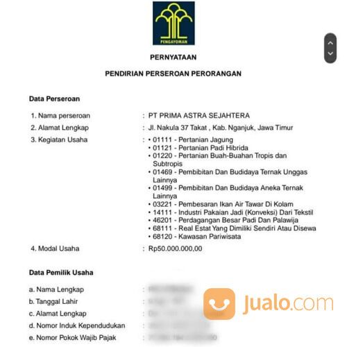 Jasa Pembuatan PT Perorangan Pekanbaru 08127960316