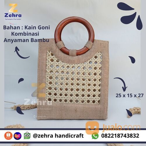 Tas Goni wanita murah (handmade) bahan kain goni kombinasi anyaman bambu | Tas Kerajinan Tangan