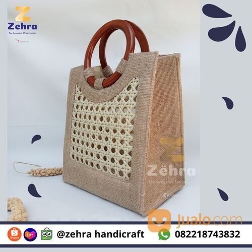 Tas Goni wanita murah (handmade) bahan kain goni kombinasi anyaman bambu | Tas Kerajinan Tangan