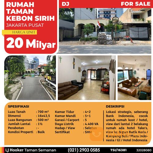 Rumah Taman Kebon Sirih, Jakarta Pusat, 16x43.5 m², 1½ Lt, SHM (TSI/16381)