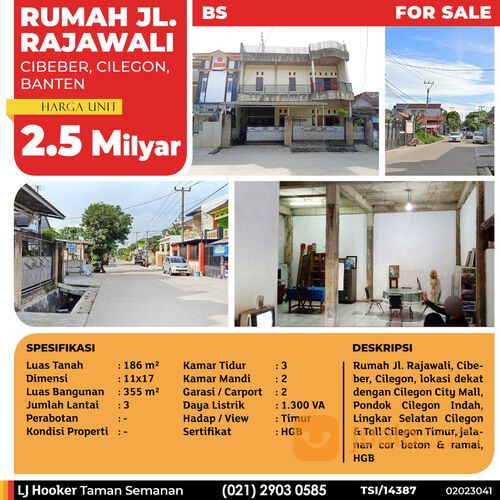 (TSI/14387) Rumah Jl. Rajawali, Cibeber, Cilegon, 11x17m, 3 Lt, HGB