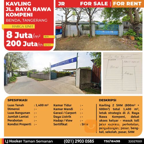 (TSI/16498) Kavling Jl. Raya Rawa Kompeni, Benda, 1.400 m², SHM